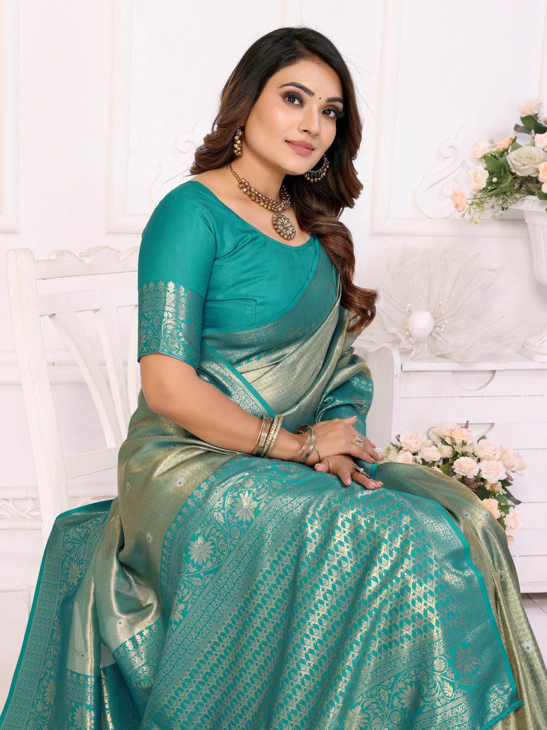 Sea green banarasi tissue silk saree with zari weaving work