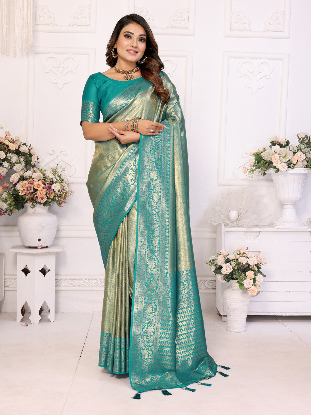 Sea green banarasi tissue silk saree with zari weaving work