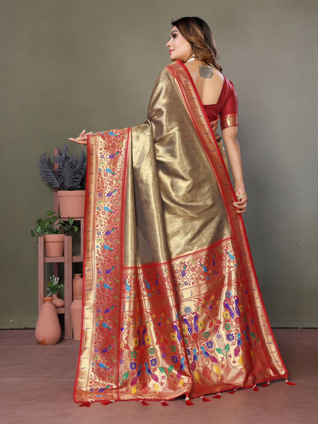 Olive green paithani tissue silk saree with zari weaving work