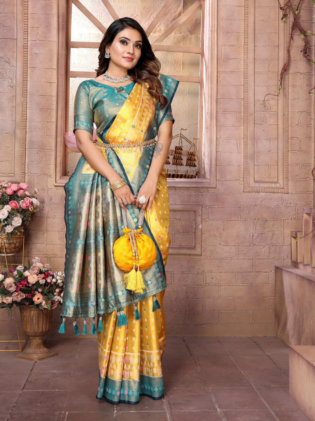 Yellow Exclusive kanchipuram banarasi tissue silk saree with zari weaving work