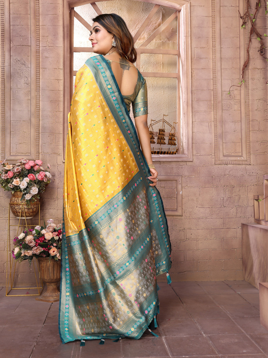 Yellow Exclusive kanchipuram banarasi tissue silk saree with zari weaving work