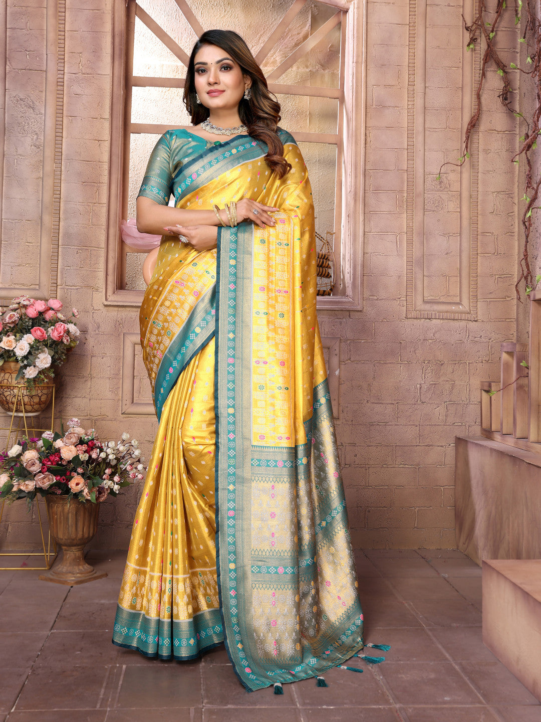 Yellow Exclusive kanchipuram banarasi tissue silk saree with zari weaving work