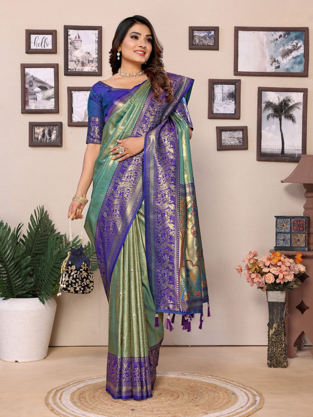 Sea green Traditional paithani tissue silk saree with zari weaving work