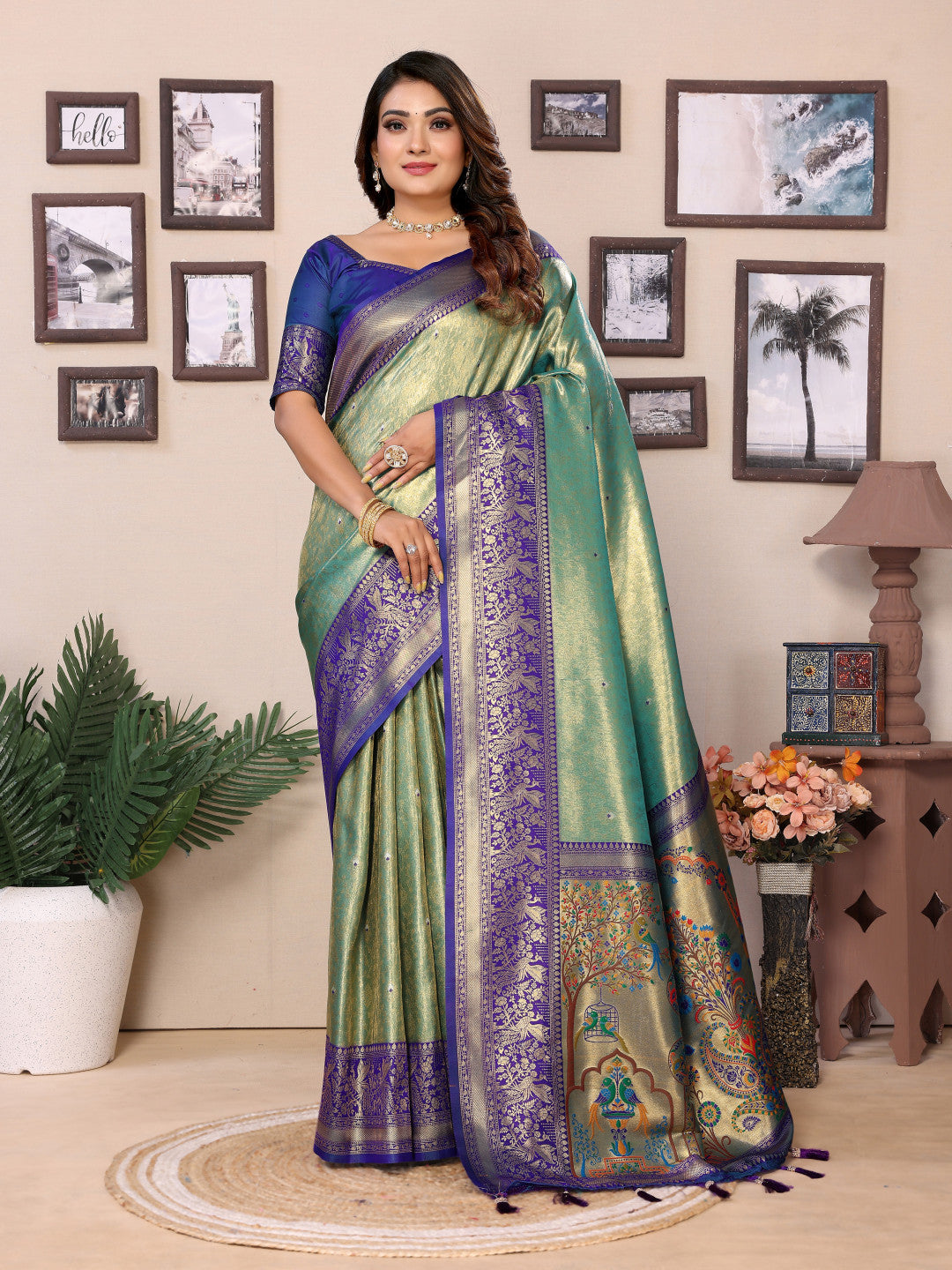 Sea green Traditional paithani tissue silk saree with zari weaving work