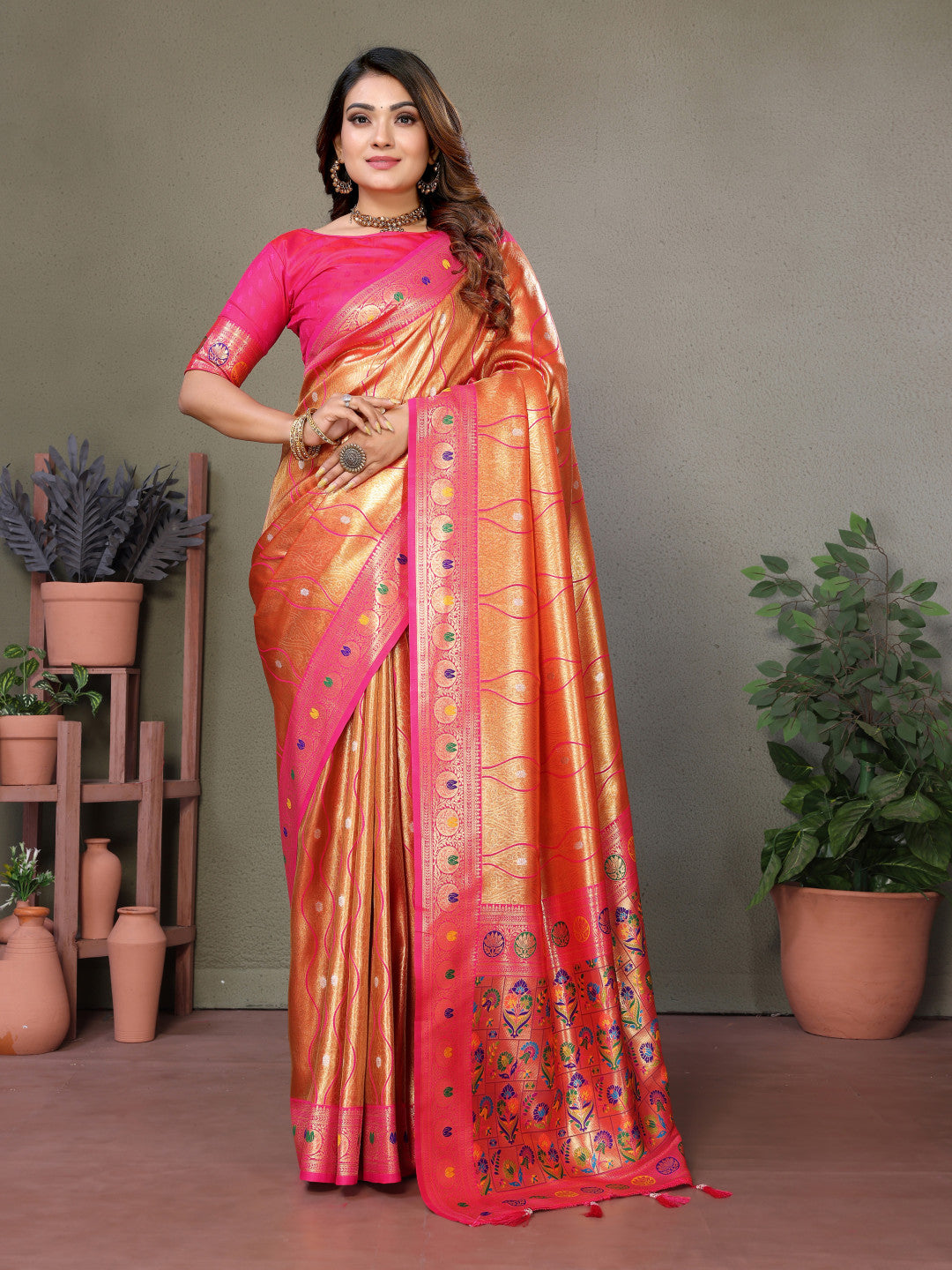 Orange banarasi tissue silk saree with zari weaving work