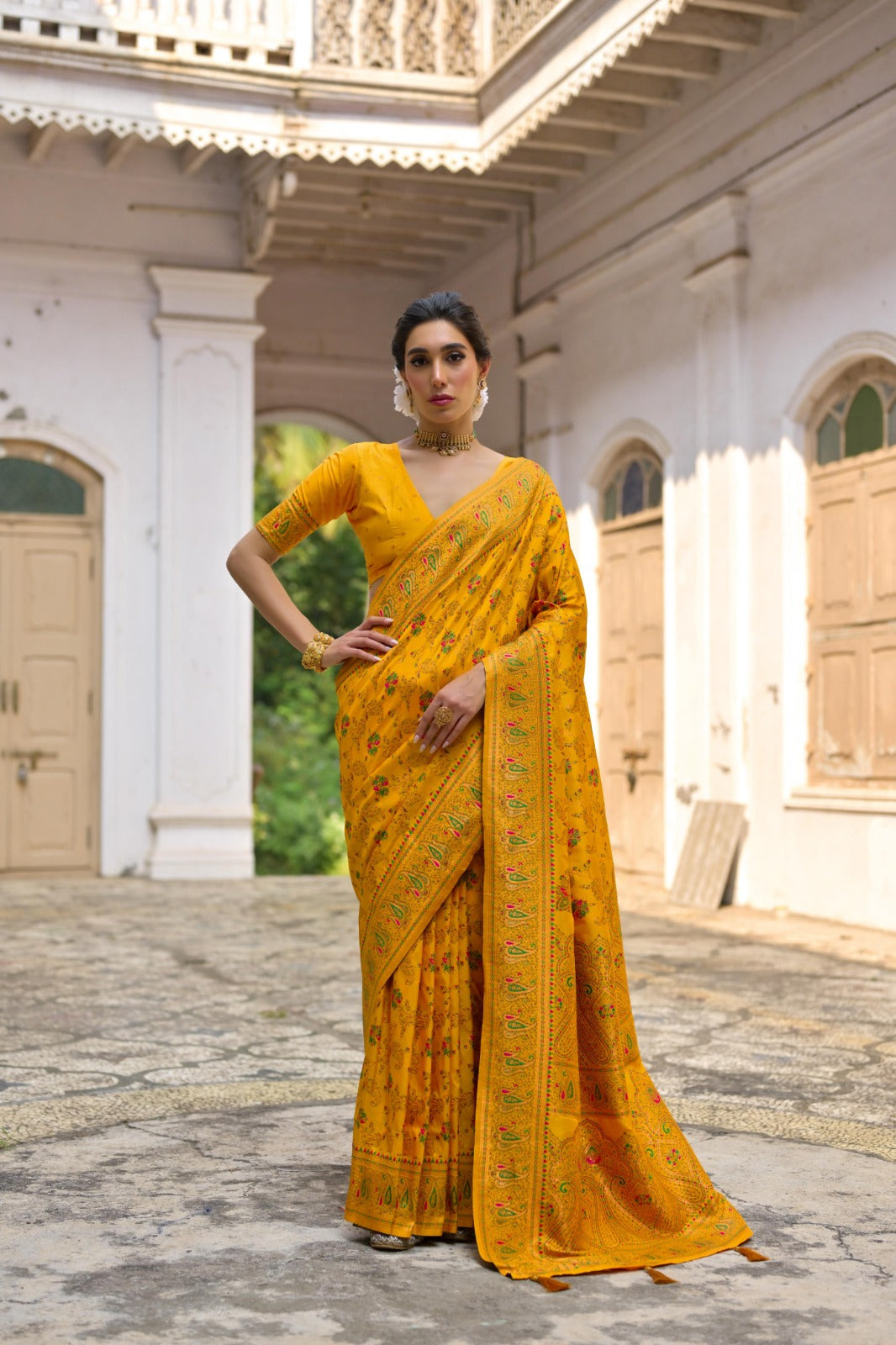 Yellow kashmiri pashmina silk saree with jal weaving work