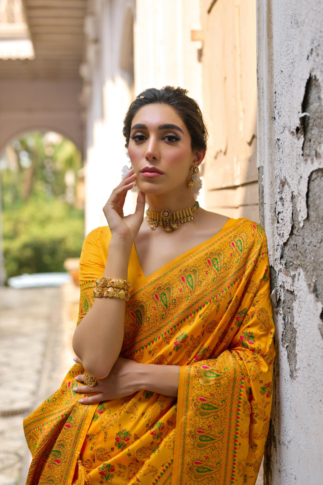 Yellow kashmiri pashmina silk saree with jal weaving work