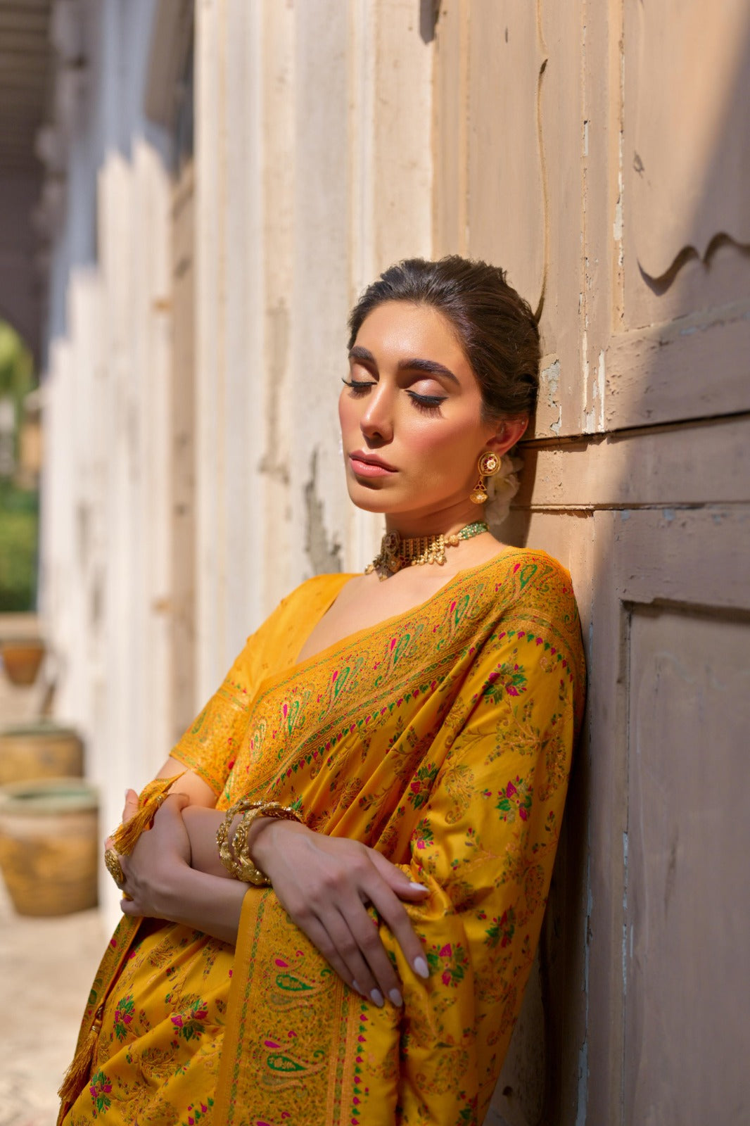 Yellow kashmiri pashmina silk saree with jal weaving work