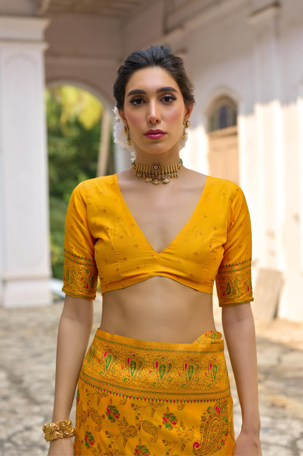 Yellow kashmiri pashmina silk saree with jal weaving work