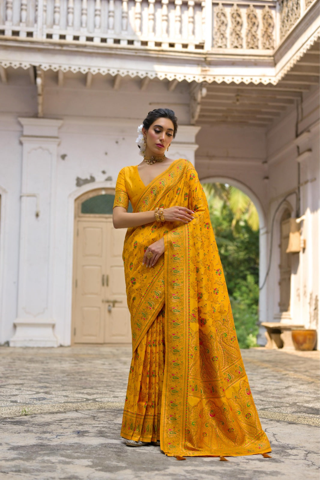 Yellow kashmiri pashmina silk saree with jal weaving work