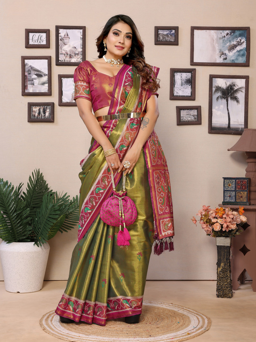 Mahendi green banarasi tissue silk saree with zari woven work
