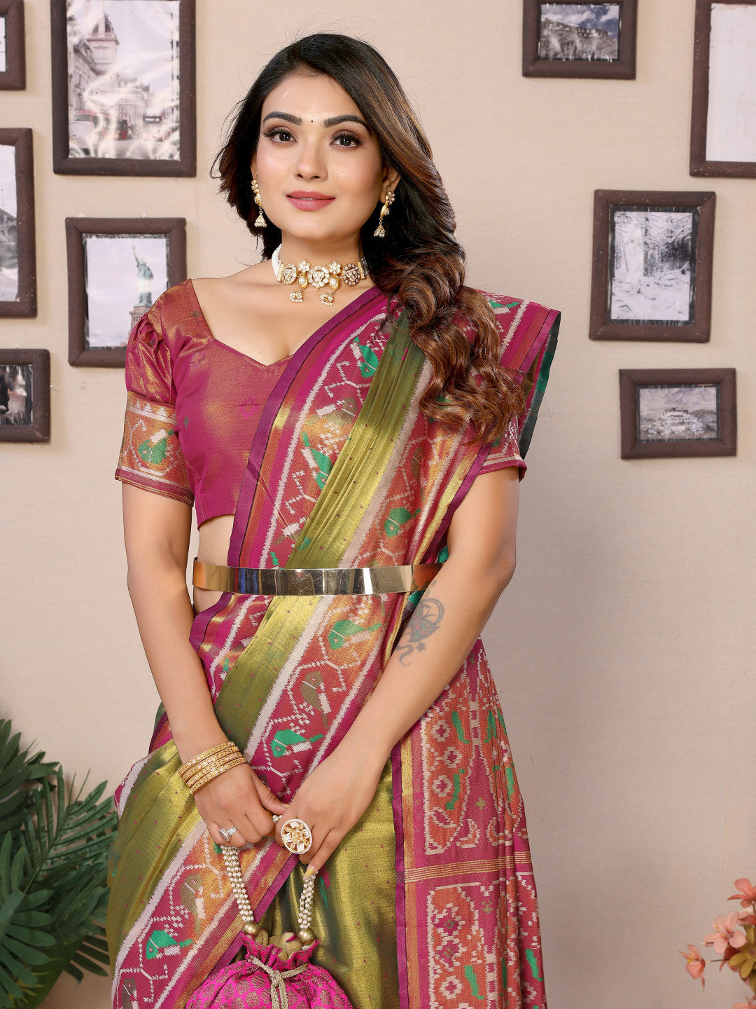 Mahendi green banarasi tissue silk saree with zari woven work