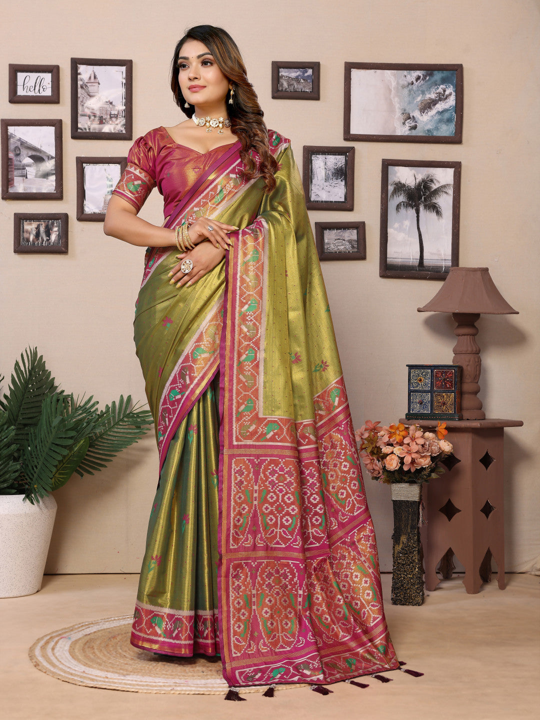 Mahendi green banarasi tissue silk saree with zari woven work