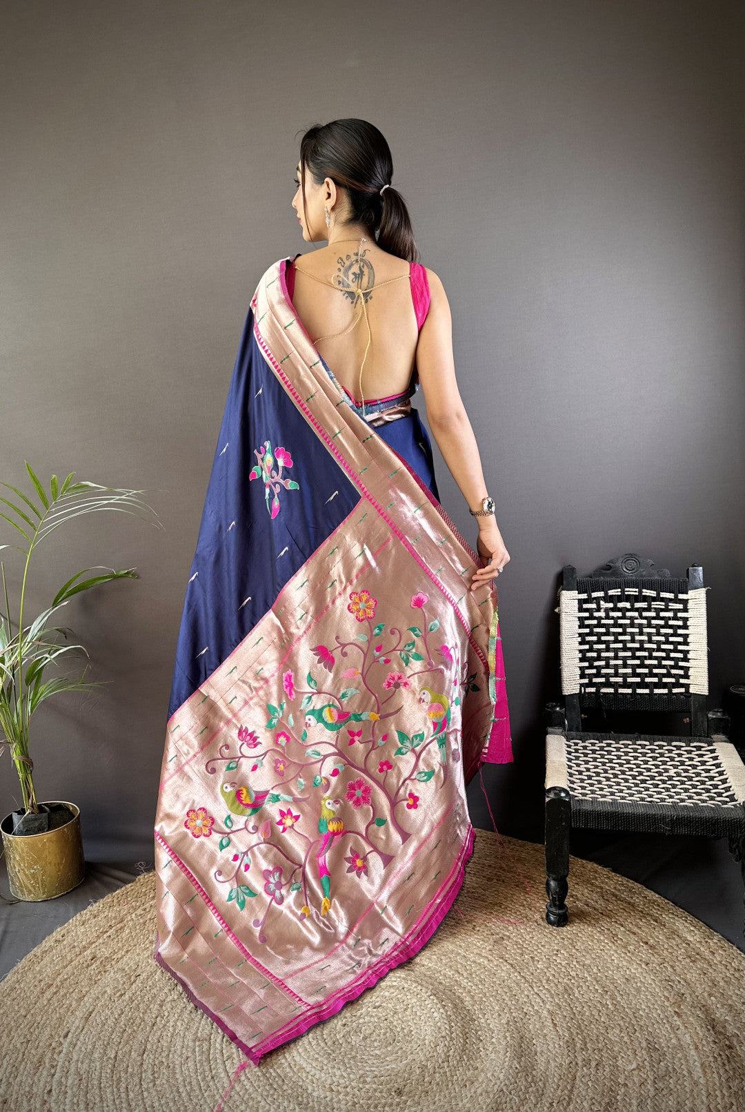 Navy blue paithani silk saree with zari weaving work