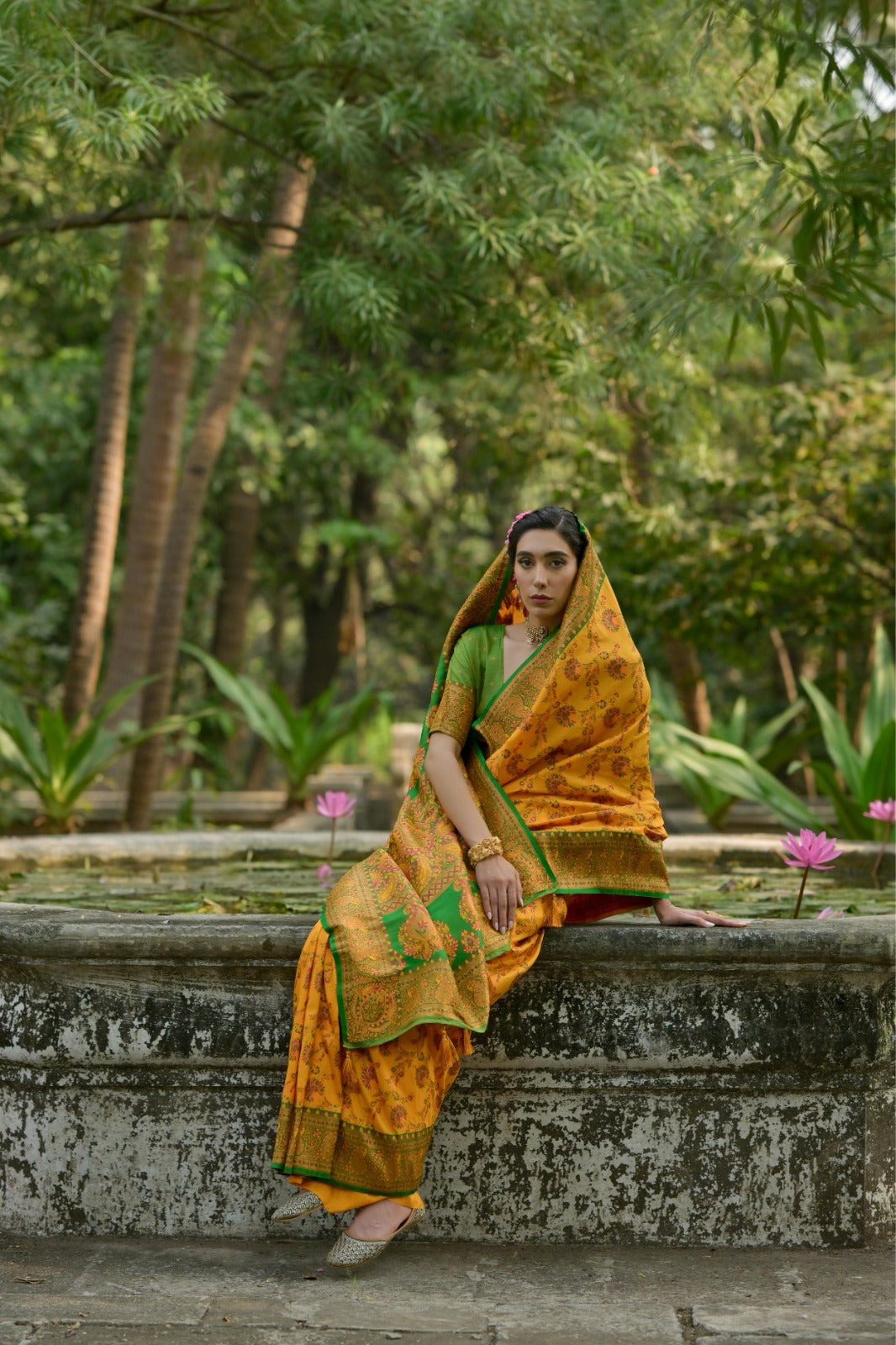 Mustard yellow meenakari jal weaving kashmiri pashmina silk saree
