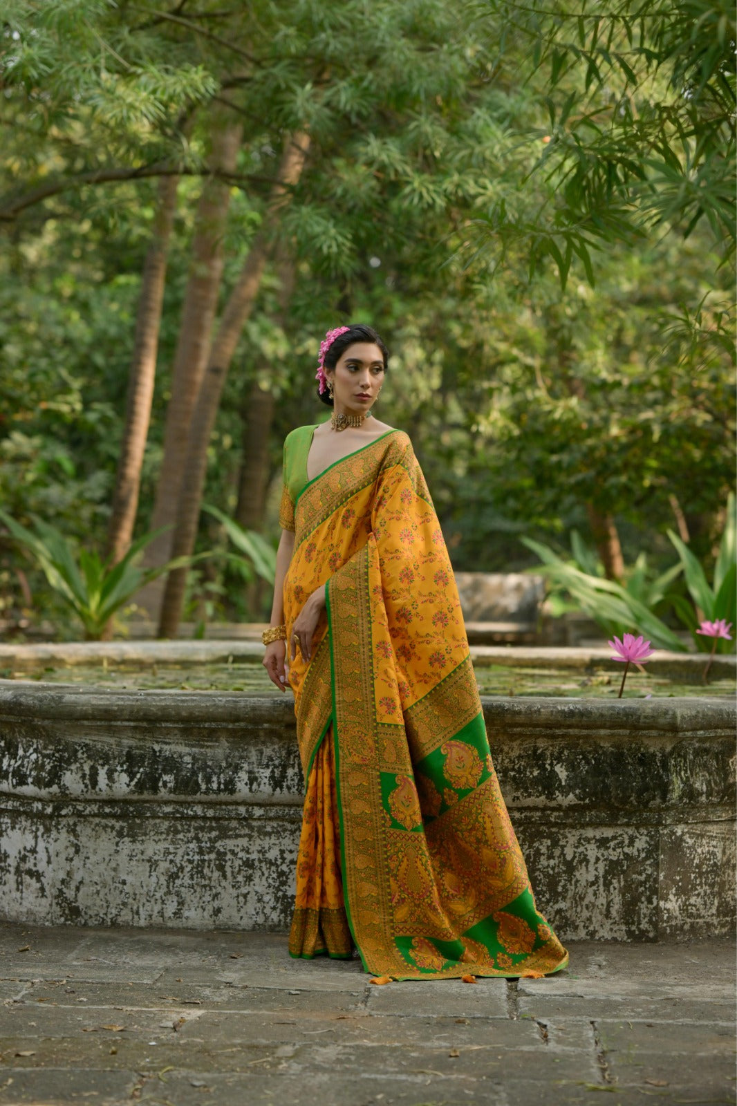 Mustard yellow meenakari jal weaving kashmiri pashmina silk saree