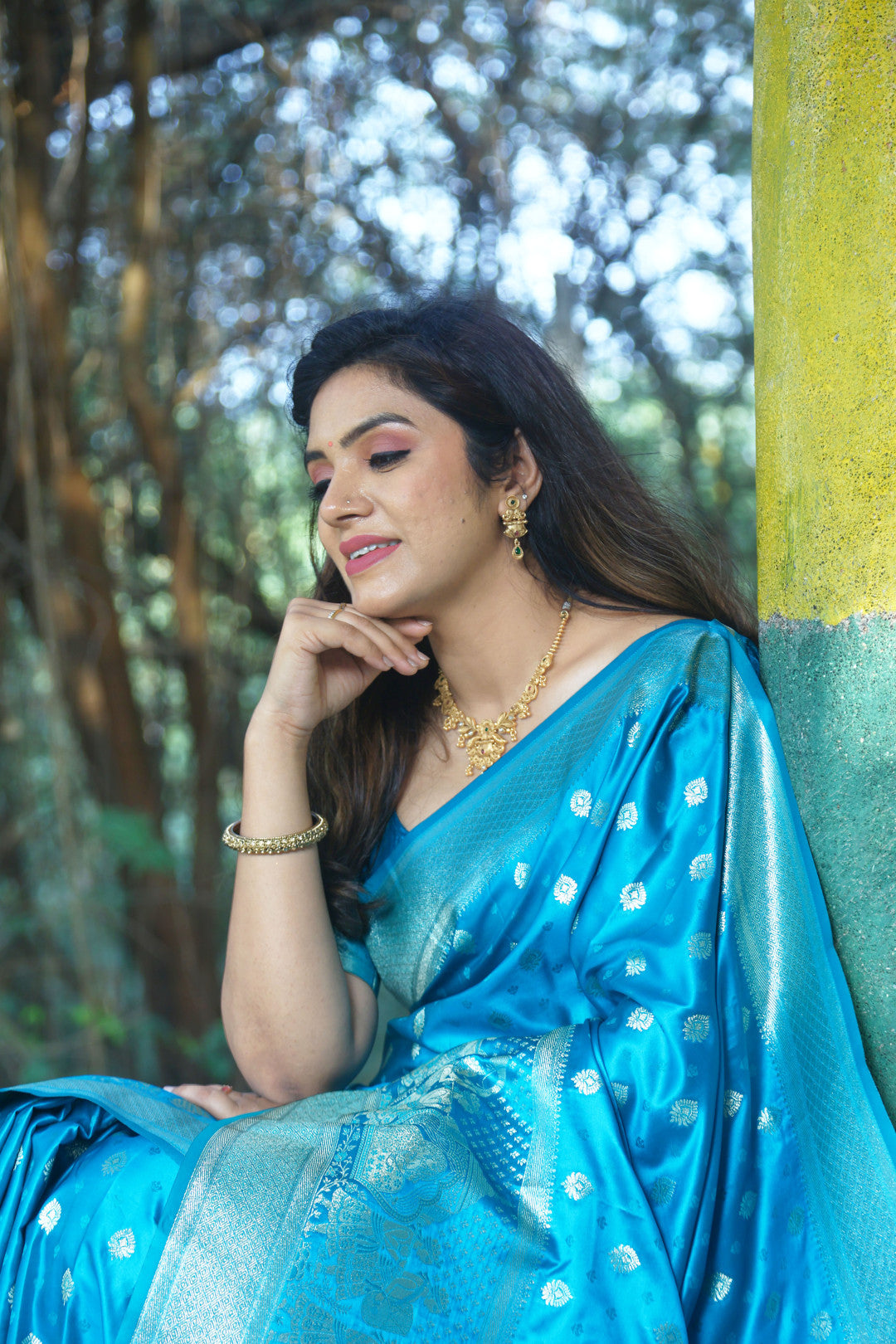 Firoji color soft satin silk saree with zari weaving work