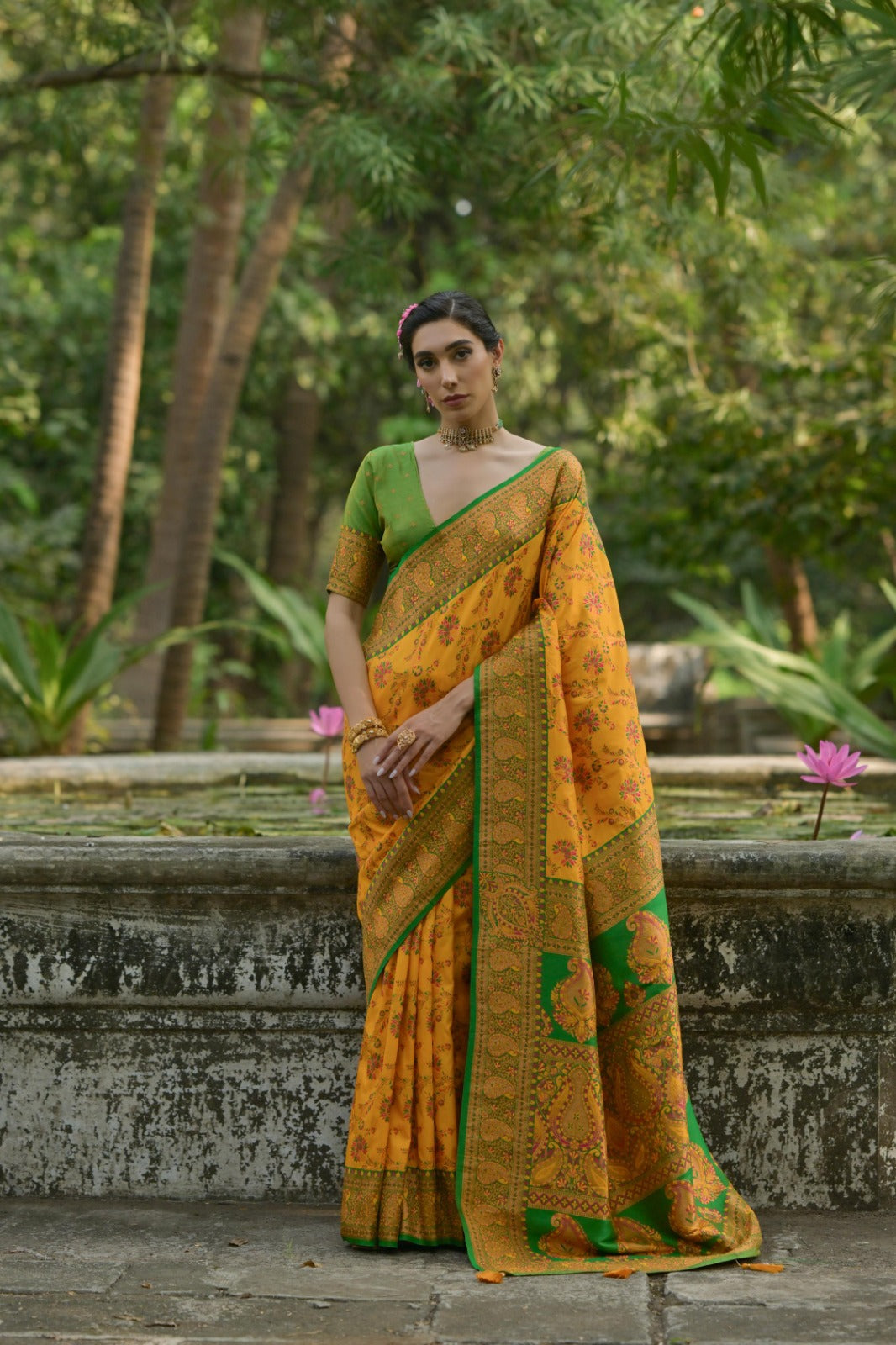 Mustard yellow meenakari jal weaving kashmiri pashmina silk saree