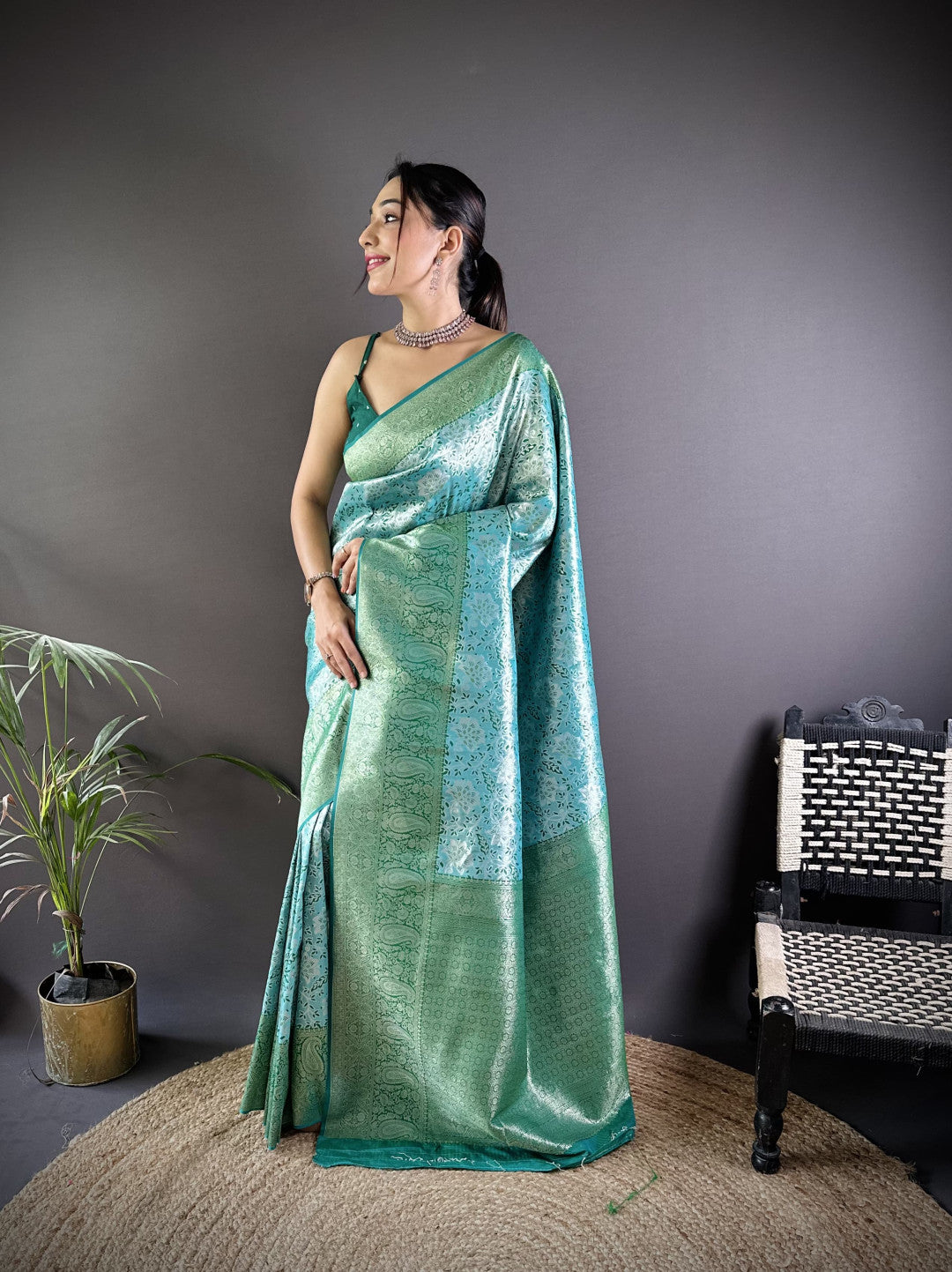 Sea green banarasi tissue silk saree with zari weaving work