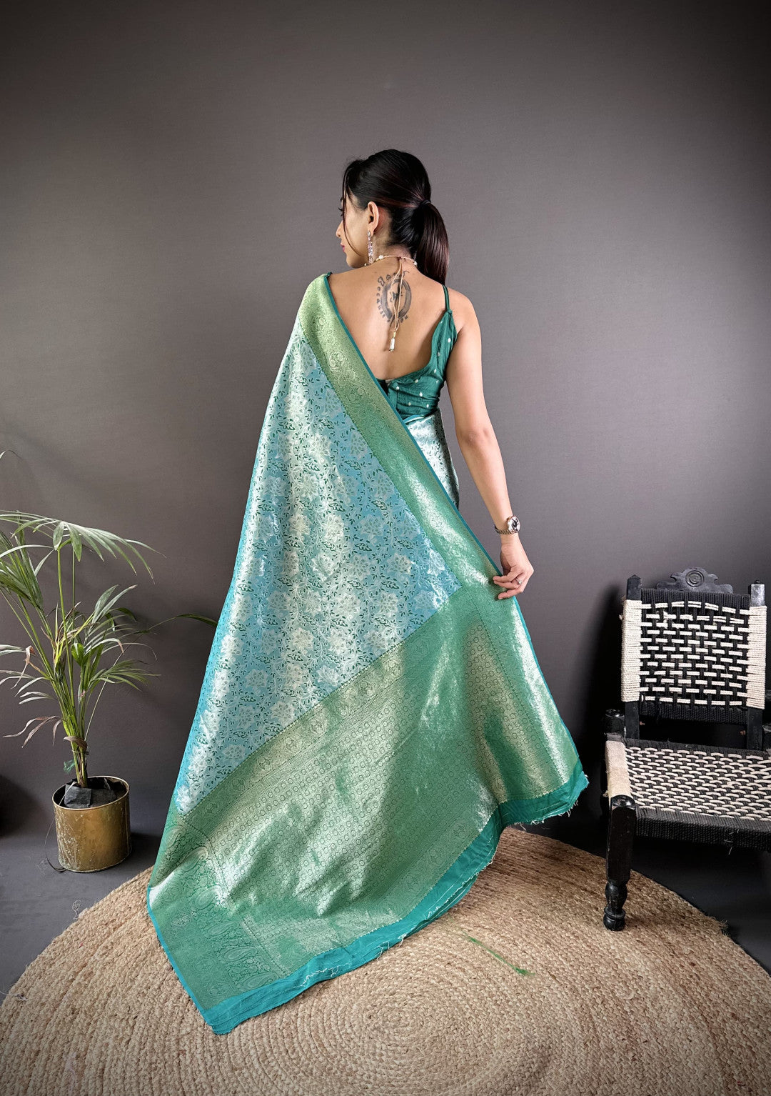 Sea green banarasi tissue silk saree with zari weaving work