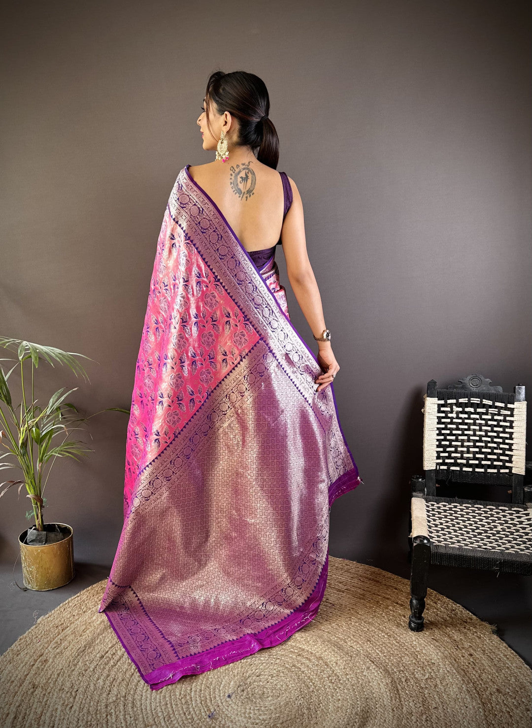 Pink dharmavaram pattu tissue silk saree with zari weaving work