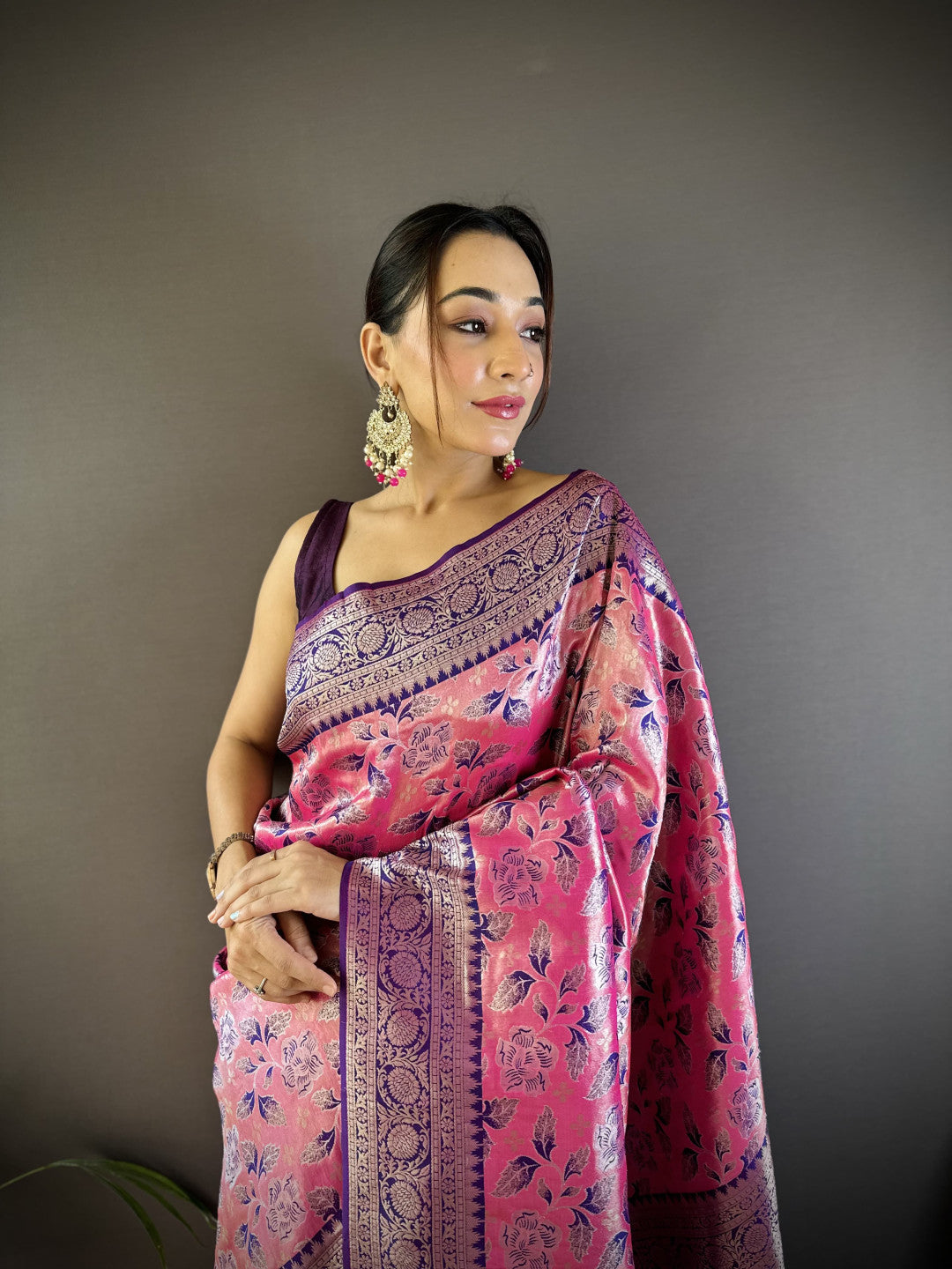 Pink dharmavaram pattu tissue silk saree with zari weaving work