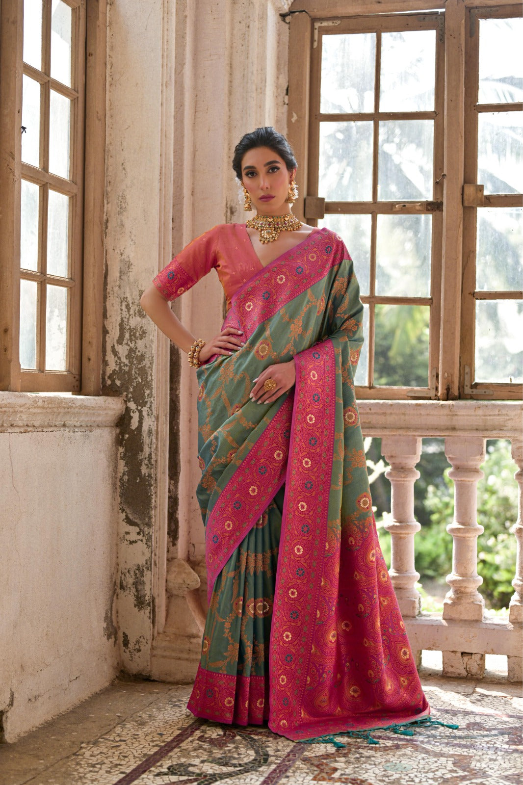 Rama green premium banarasi silk saree with zari weaving work