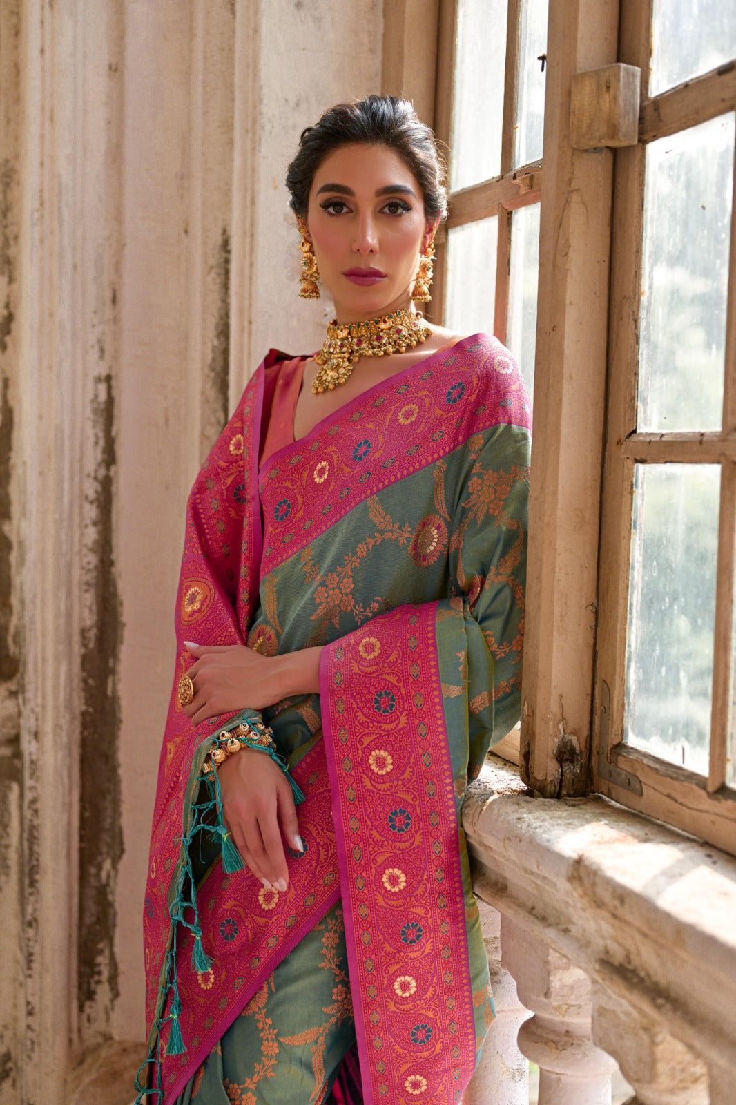 Rama green premium banarasi silk saree with zari weaving work