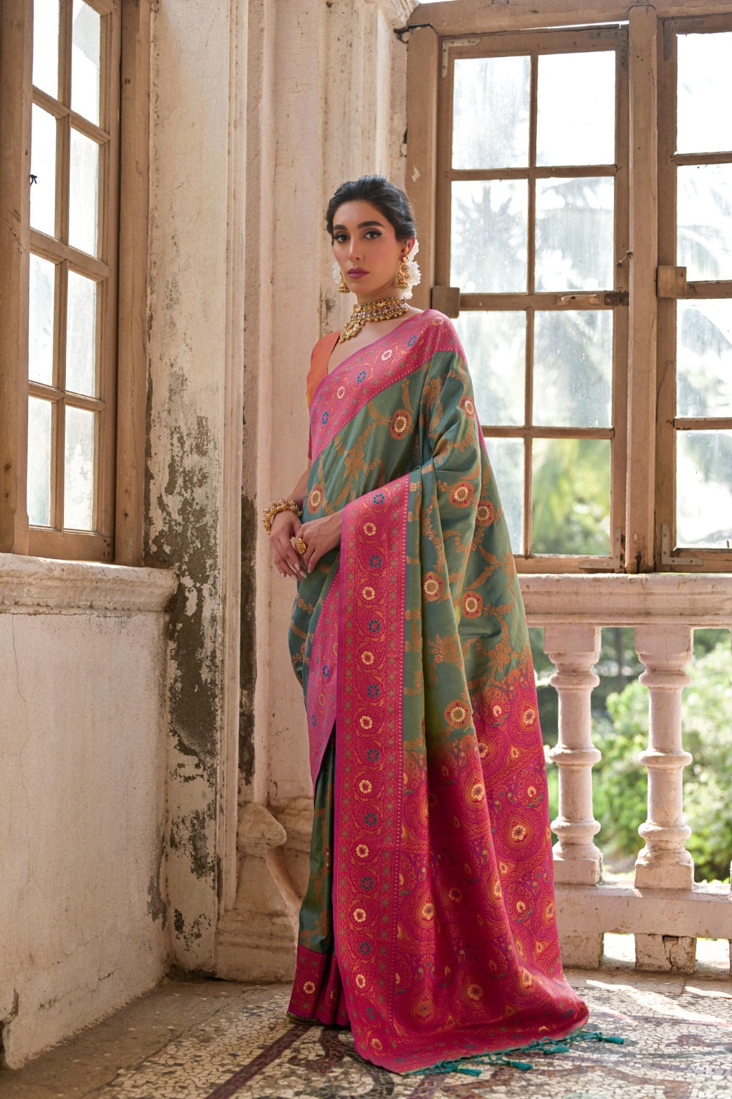 Rama green premium banarasi silk saree with zari weaving work
