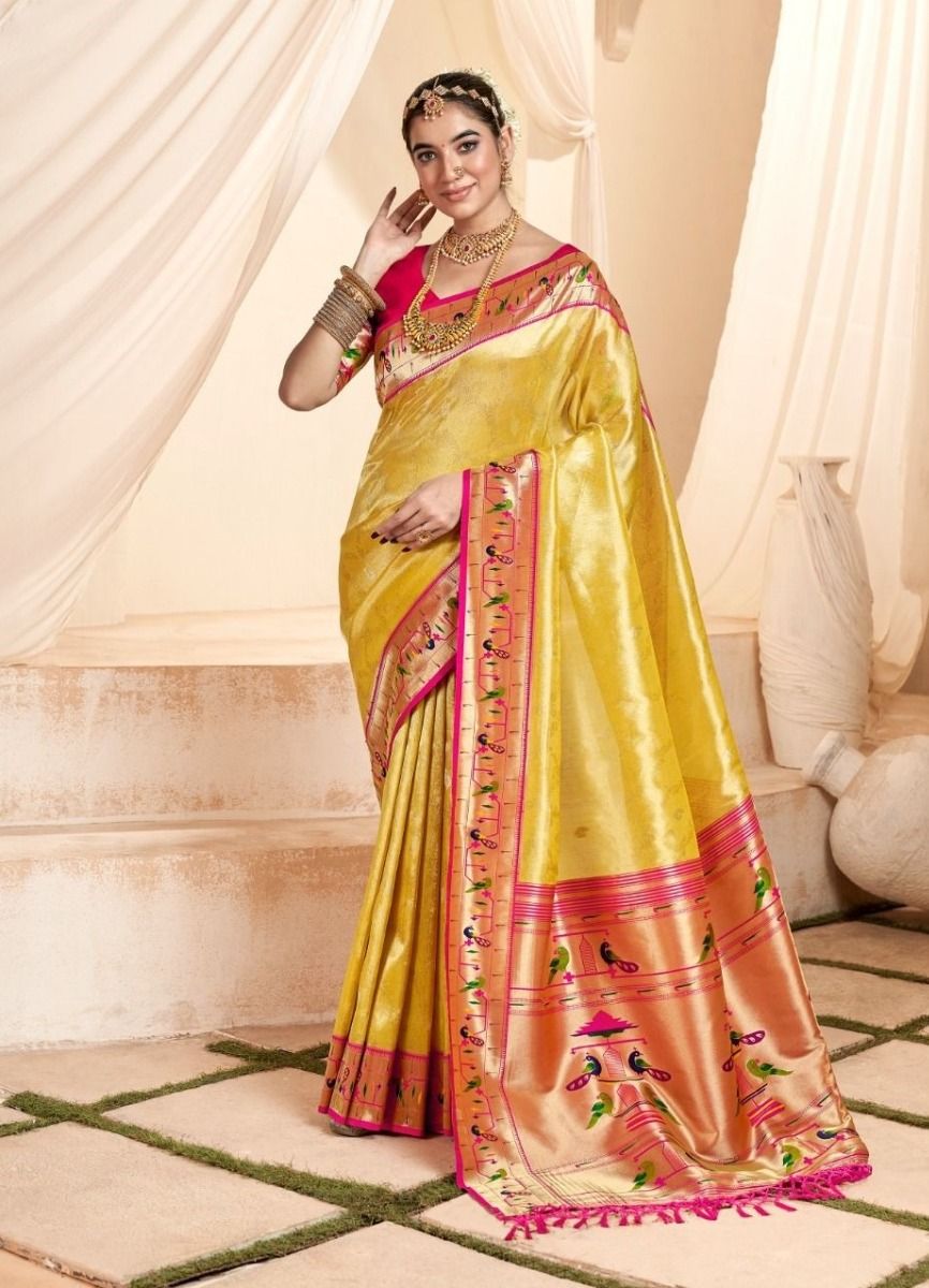 Lemon yellow color soft tissue paithani silk saree with zari weaving work