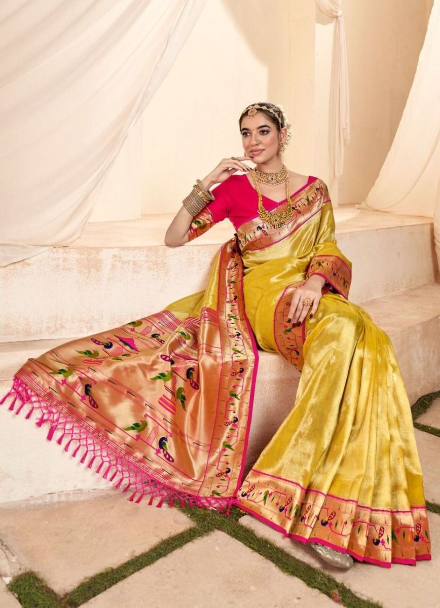 Lemon yellow color soft tissue paithani silk saree with zari weaving work