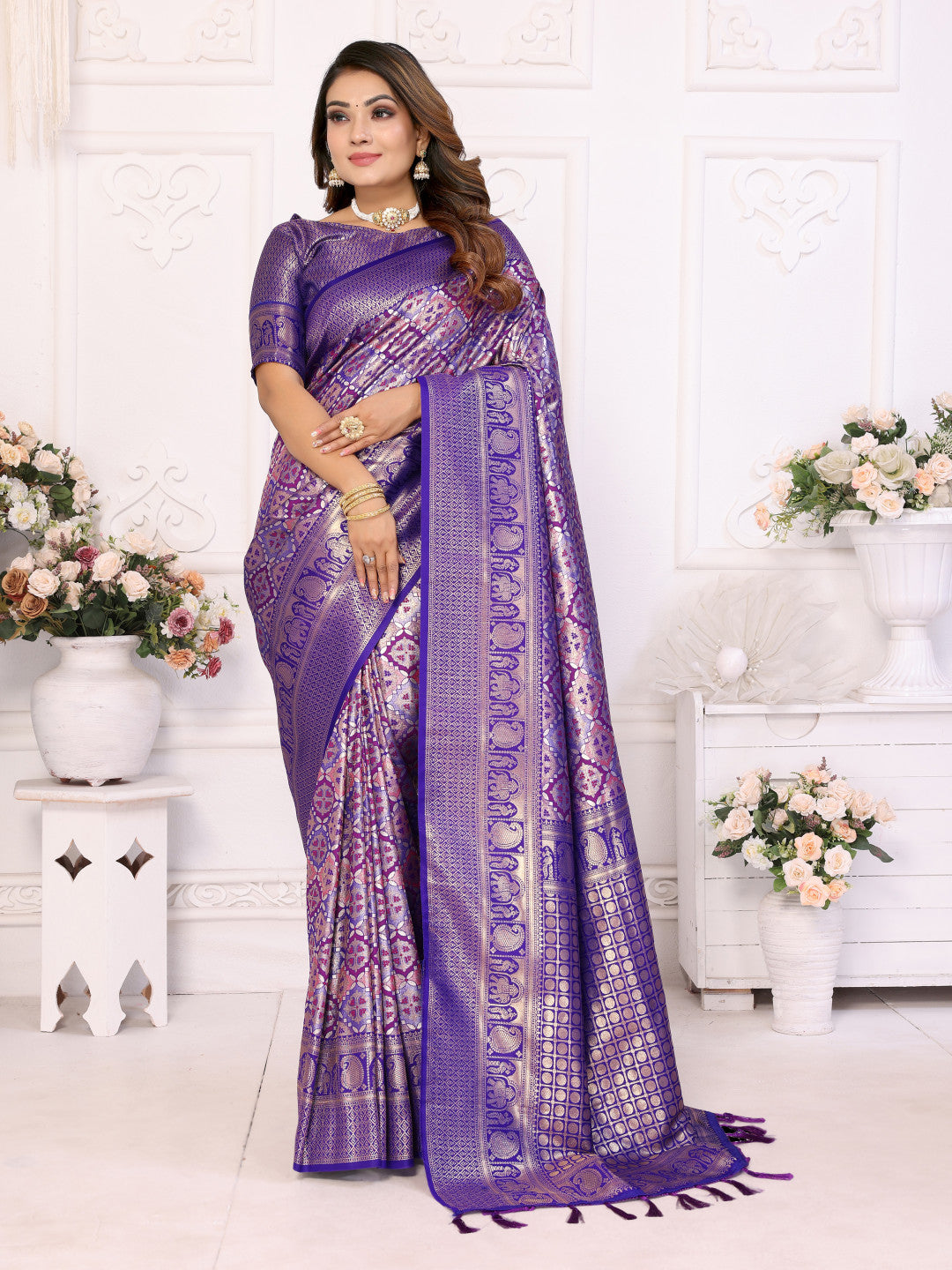 Purple banarasi chaturi silk saree with zari weaving work