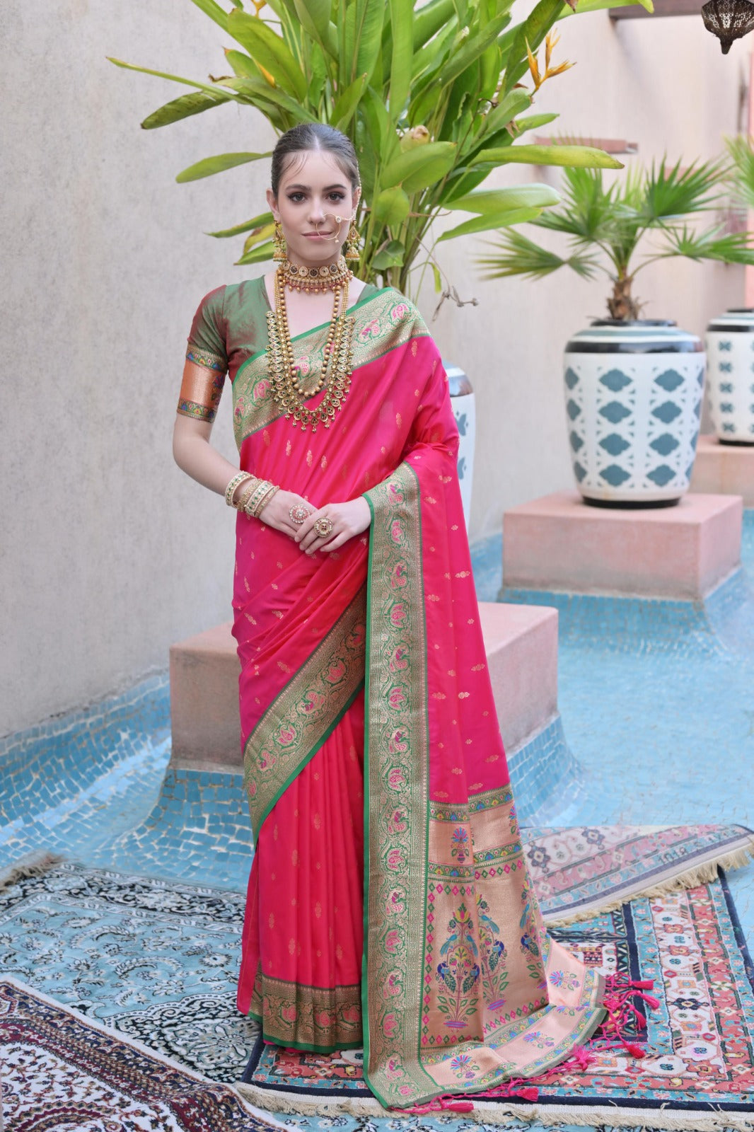 Rani pink paithani silk saree with zari weaving work