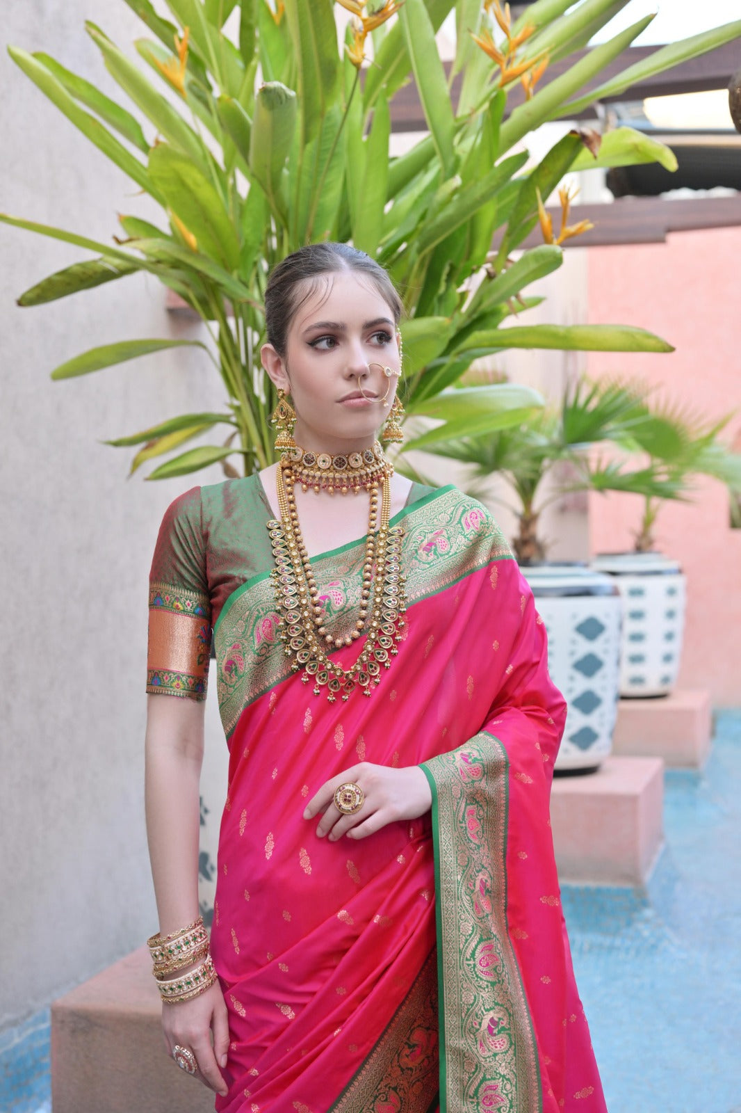 Rani pink paithani silk saree with zari weaving work