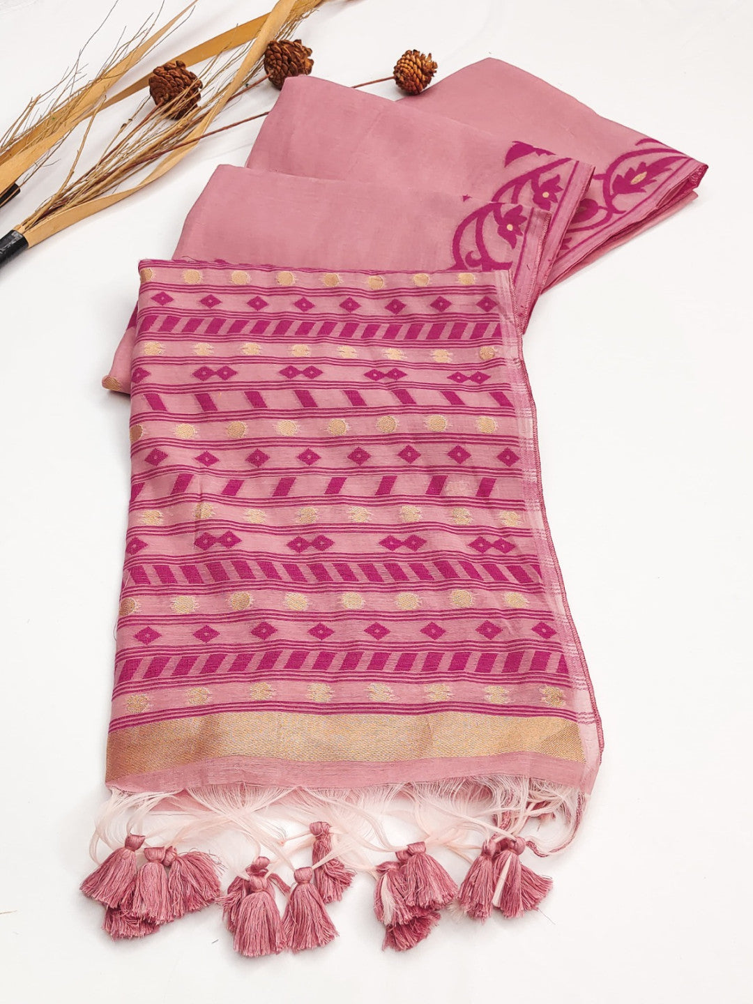 Pink soft mulmul cotton saree with jamdani weaving work