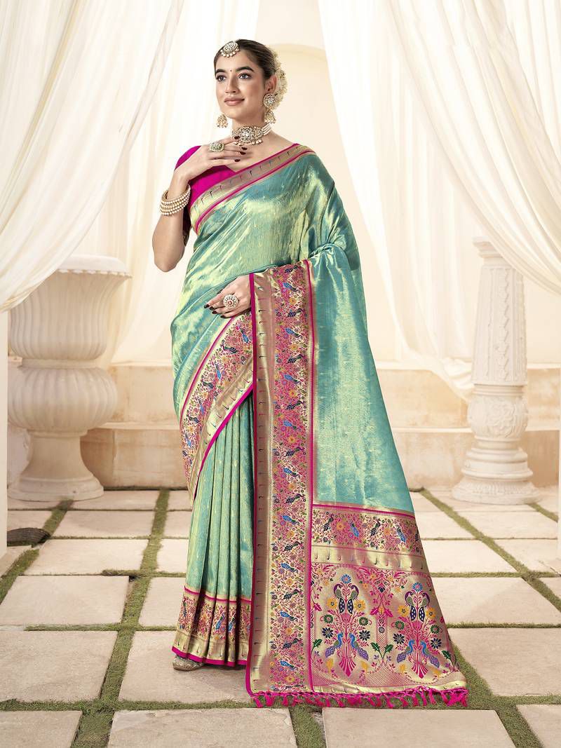 Sea green soft tissue paithani silk saree with zari weaving work