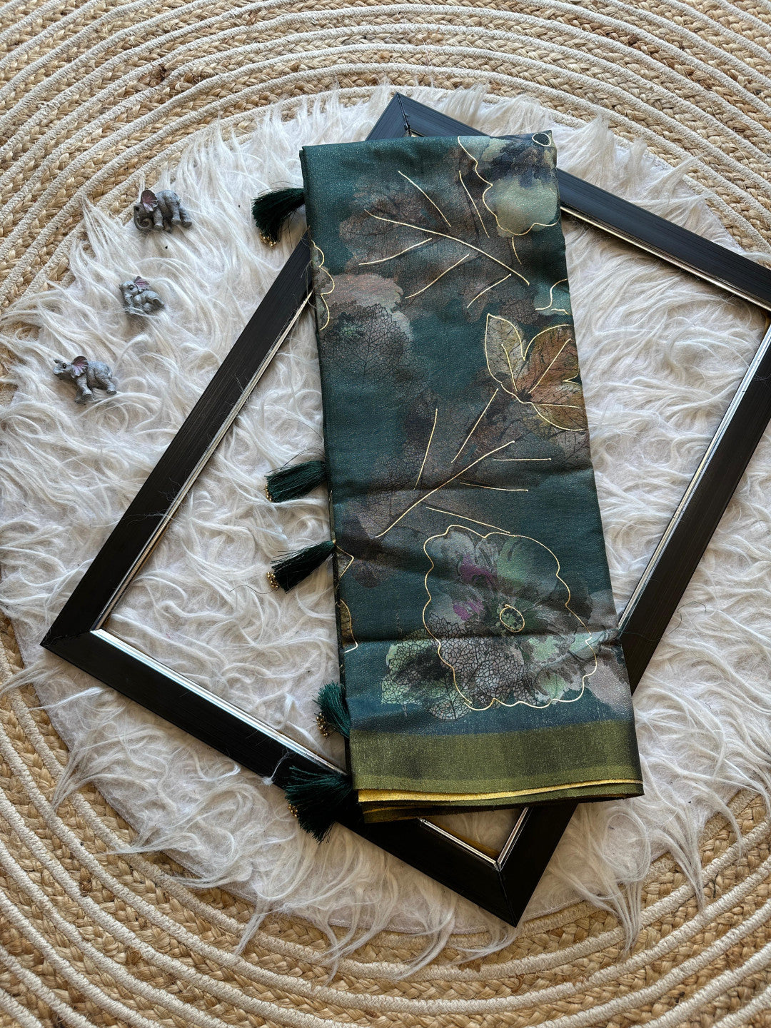 Rama green premium soft satin shimmer silk saree with digital print & zari border