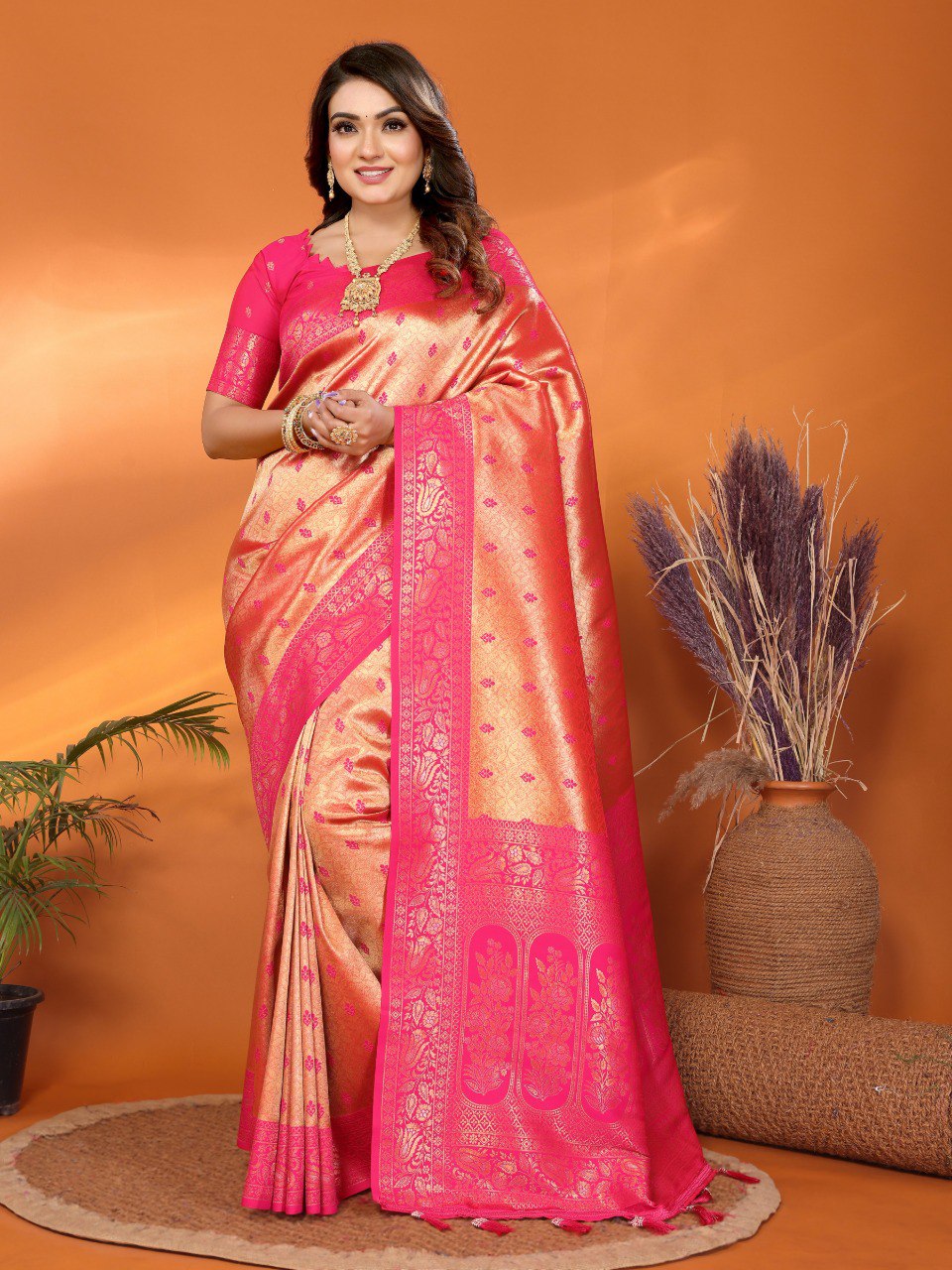 Orange traditional handloom tissue silk saree with zari weaving work