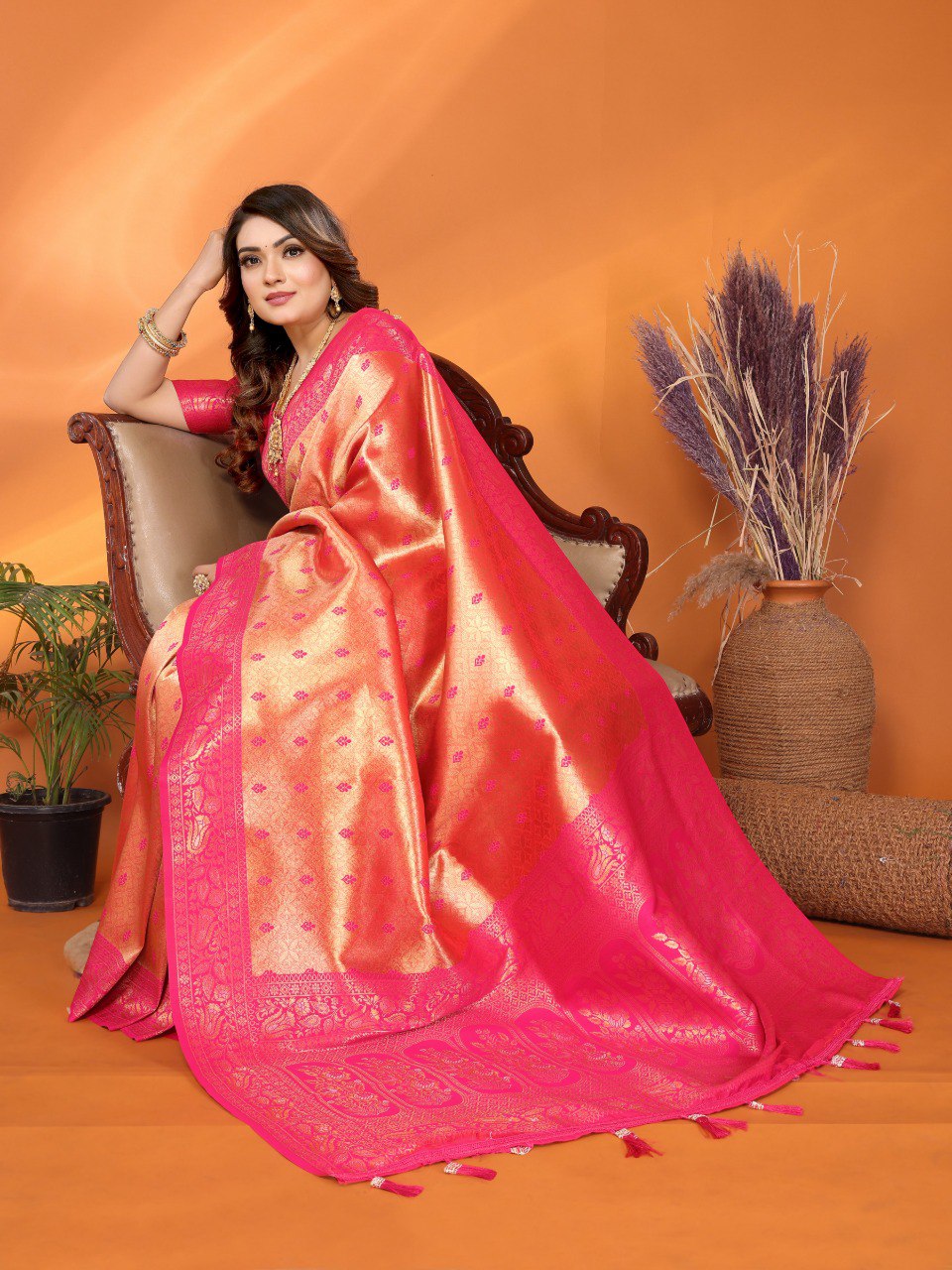 Orange traditional handloom tissue silk saree with zari weaving work