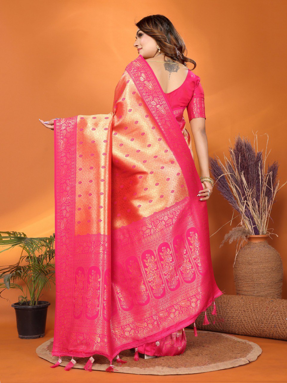 Orange traditional handloom tissue silk saree with zari weaving work