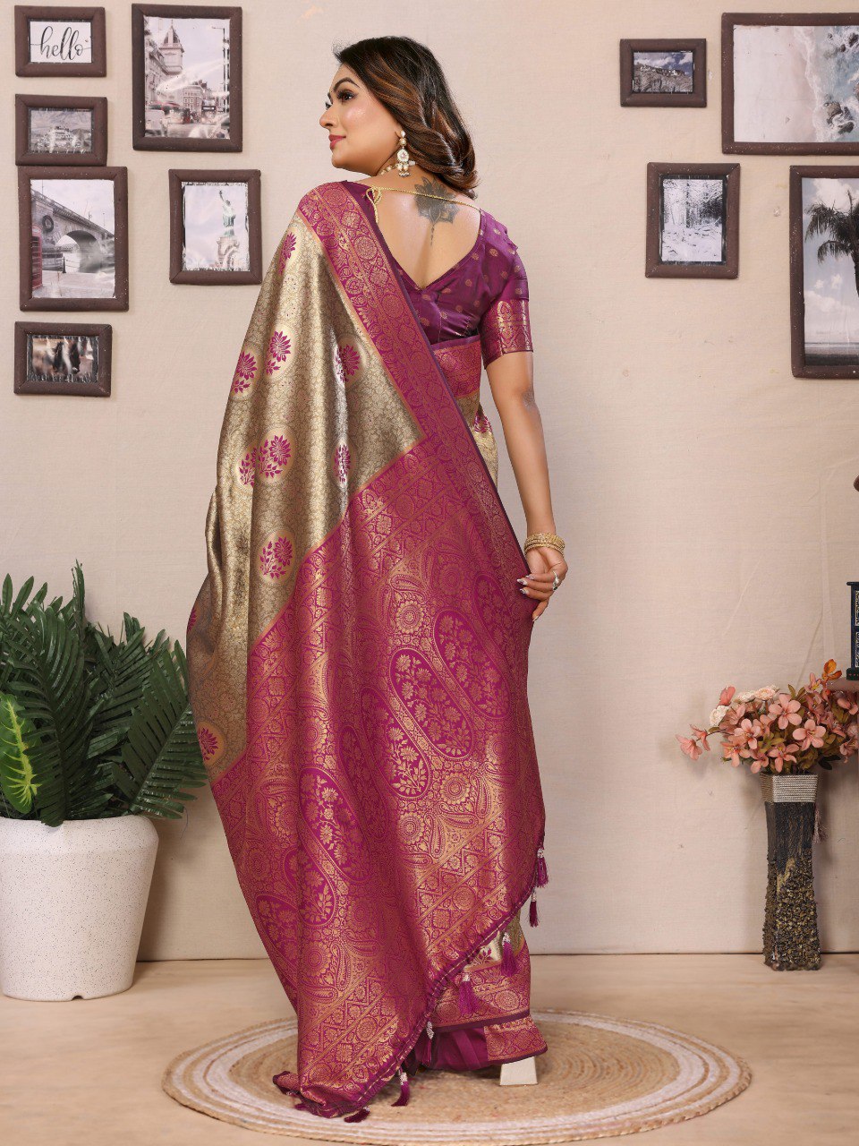 Gray and magenta handloom tissue silk saree with zari weaving work