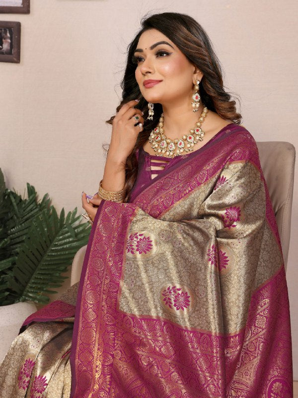Gray and magenta handloom tissue silk saree with zari weaving work