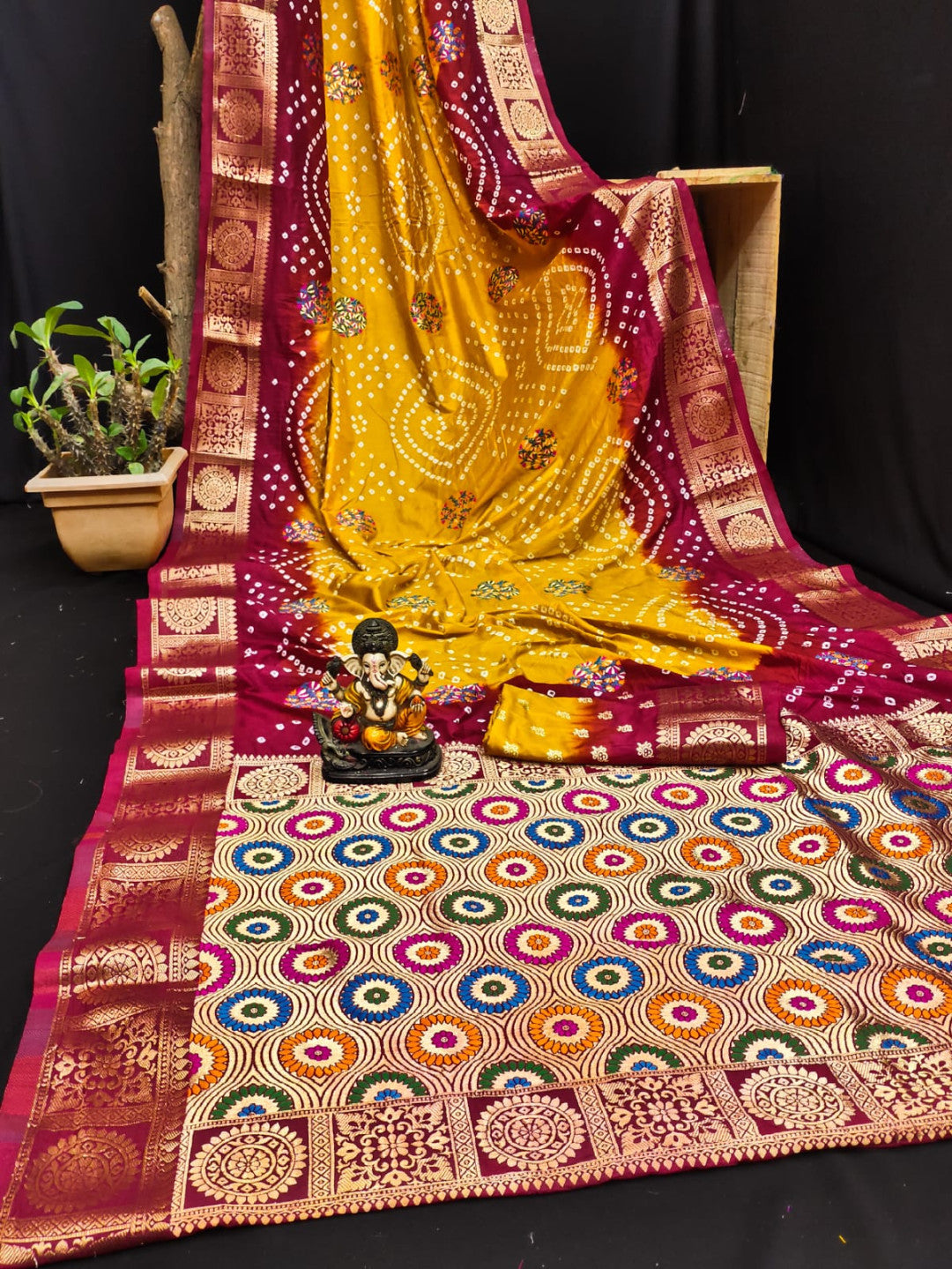 Multi color soft bandhej silk saree with zari weaving work