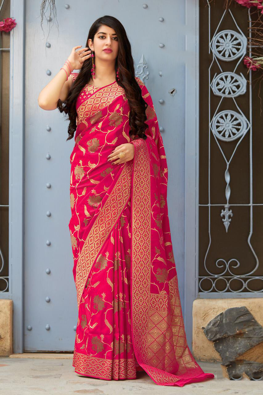 Gajari color soft banarasi silk saree with zari weaving work