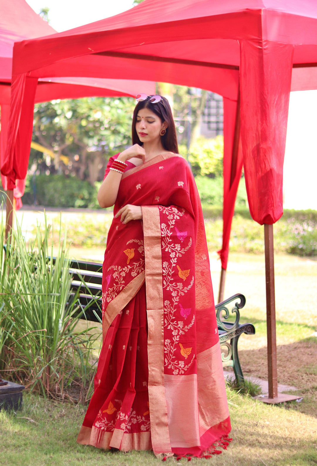 Red color soft linen silk saree with jamdani woven design