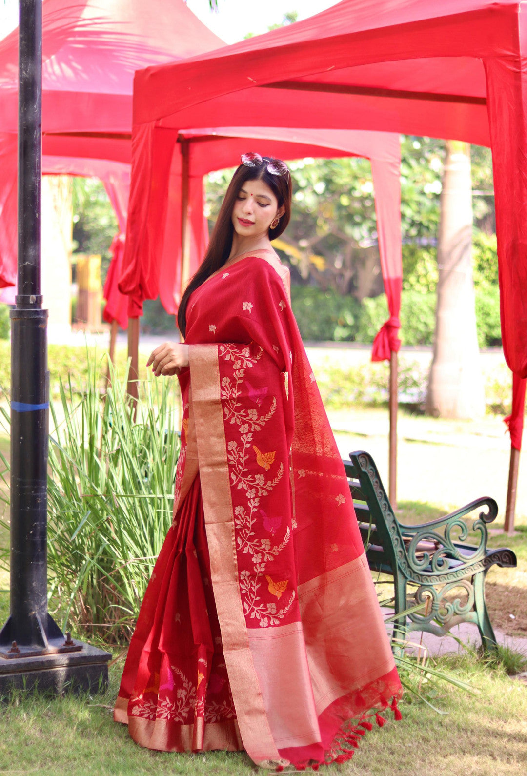 Red color soft linen silk saree with jamdani woven design