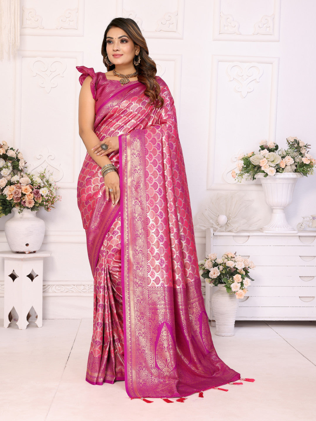 Pink banarasi chaturi silk saree with zari weaving work