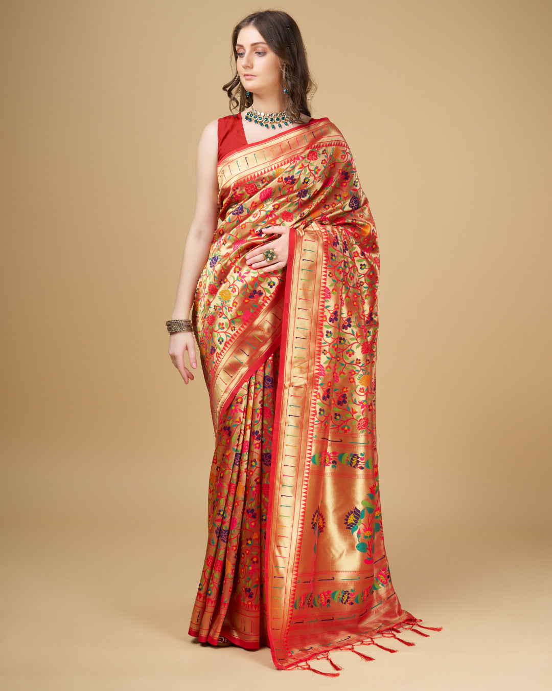 Red color kanchipuram silk saree with zari weaving work