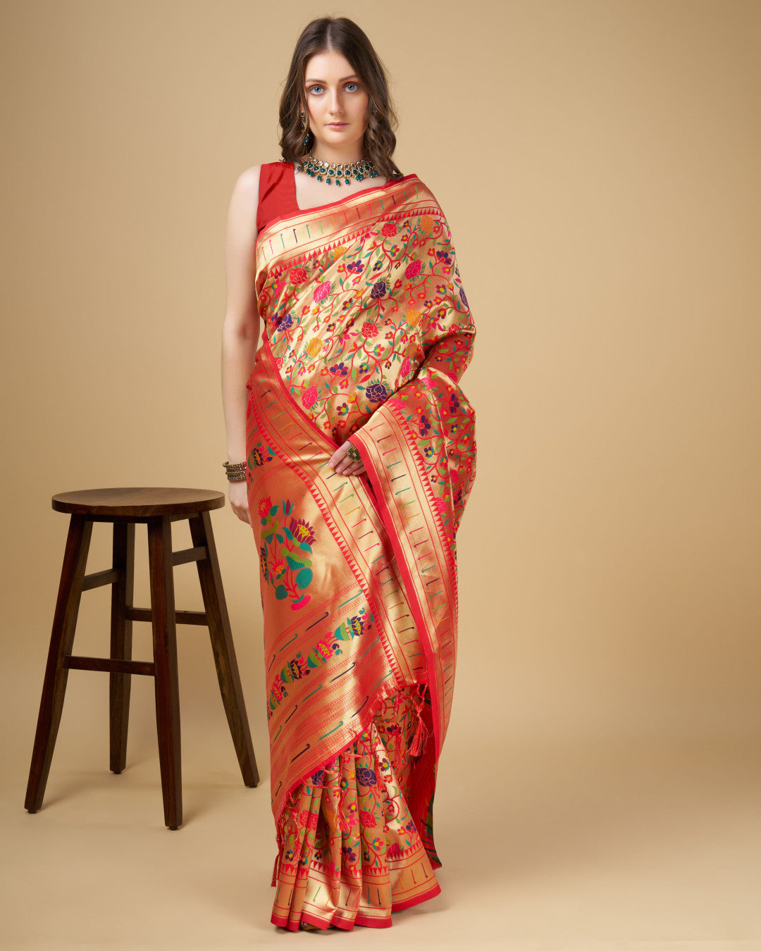 Red color kanchipuram silk saree with zari weaving work