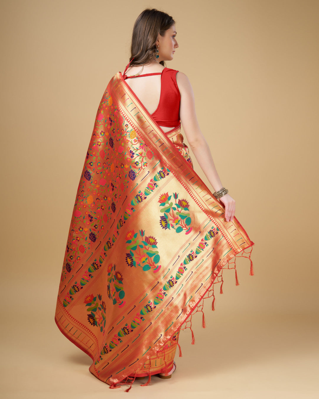 Red color kanchipuram silk saree with zari weaving work
